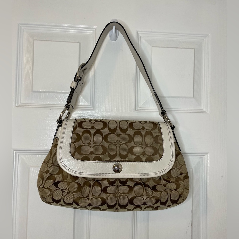 Coach Soho Canvas Logo Pattern Shoulder Bag White Leather Trim 🔥